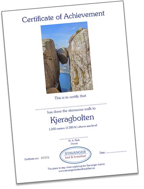 Kjeragbolten Certificate of Achievement