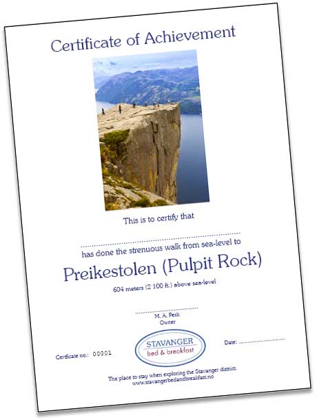 Preikestolen Certificate of Achievement
